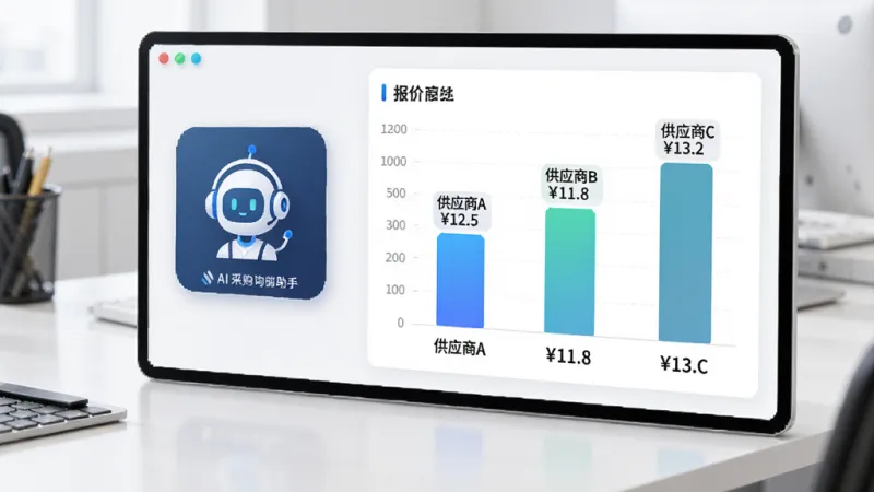画面展示一个虚拟的采购比价仪表盘，左侧是AI采购询源助手的图标，右侧是三个供应商的报价对比柱状图，柱子上分别标注“供应商A ￥12.5”“供应商B ￥11.8”“供应商C ￥13.2”，背景是简洁的白色办公桌面，风格商务科技感，细节清晰，画质干净无多余元素