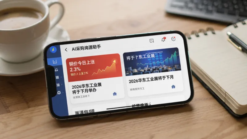 画面中一部手机横屏显示AI采购询源助手的资讯页面，页面上有“铜价今日上涨2.3%”“2026华东工业展将于下月举办”等资讯卡片，手机旁边放着一杯咖啡和一本笔记本，背景是木质桌面，风格生活化办公场景，细节丰富，画质干净无多余元素