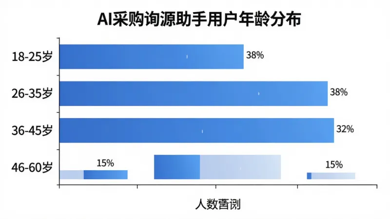 画面是一个横向柱状图，标题为“AI采购询源助手用户年龄分布”，纵轴显示年龄段“18-25岁”“26-35岁”“36-45岁”“46-60岁”，横轴显示人数占比分别为15%、38%、32%、15%，柱状图用蓝色渐变填充，背景白色简洁，数据标签清晰，风格商务统计图，画质干净无多余元素