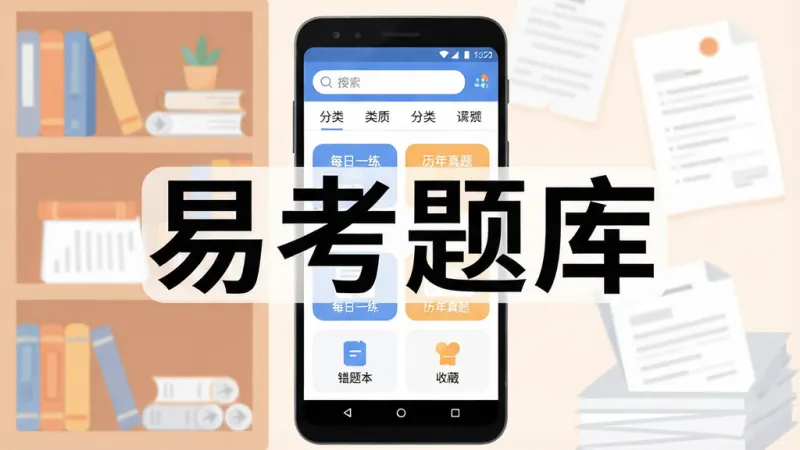 手机屏幕中央显示“易考题库”四个大字，背景是书架和试卷的简约插画风格，主体为一部安卓手机展示App首页界面，布局上方是搜索框和分类标签，中间是每日一练和历年真题入口，下方是错题本和收藏夹图标，排版清晰，风格现代扁平化，细节圆润，画质干净，无多余元素