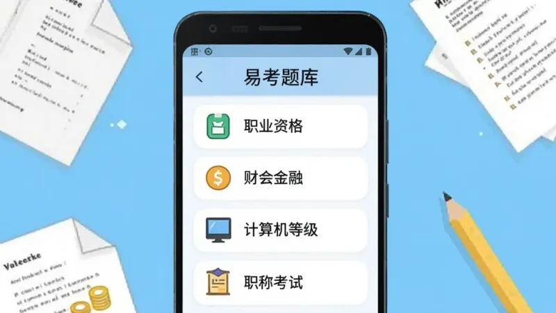 一部安卓手机屏幕展示“易考题库”的分类列表页面，页面中列有“职业资格”、“财会金融”、“计算机等级”、“职称考试”等分类标签，每个标签旁边有小图标，手机周围散落着试卷和铅笔的插画元素，主体突出手机屏幕，布局居中，风格简洁明快，画质清晰，无多余元素