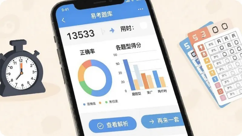 手机屏幕显示“易考题库”的模拟考试结果页面，顶部有分数和用时统计，中间是正确率环形图和各题型得分分布柱状图，底部有“查看解析”和“再来一套”按钮，手机旁边有计时器和答题卡的插画，主体为手机屏幕特写，布局上下结构，风格数据可视化扁平风，画质干净，无多余元素