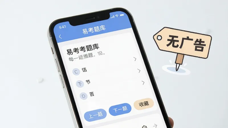 手机屏幕展示“易考题库”的做题界面，题目文字清晰，选项按钮圆润，底部有“上一题”、“下一题”和“收藏”按钮，界面无任何广告横幅或弹窗，背景是浅色护眼模式，手机旁边有“无广告”字样的标签插画，主体为手机屏幕，布局简洁，风格清爽扁平，画质干净，无多余元素