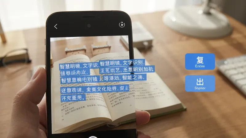 智慧明镜文字识别功能界面，手机拍摄一本翻开的书籍页面，屏幕上叠加显示识别出的文字内容以蓝色高亮框选，右侧有复制和导出按钮，背景为书桌场景，光线柔和，界面风格扁平化，画质清晰无杂乱元素