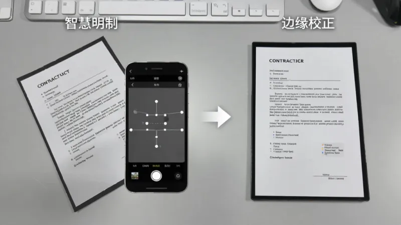 智慧明镜文档扫描效果对比图，左侧是倾斜拍摄的纸质合同照片，右侧是经过边缘校正后的平整扫描件，中间有箭头连接表示处理过程，背景为浅灰色工作台，手机界面显示调整角点的操作示意，画质干净整洁