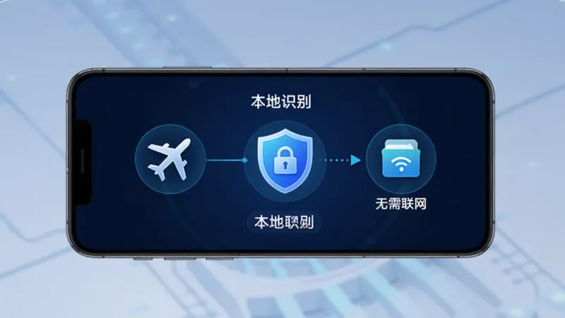 智慧明镜离线模式示意图，手机屏幕显示飞机图标和本地存储图标相连，中间有盾牌标志代表隐私保护，背景为深蓝色科技感底色，界面元素简洁，文字标注