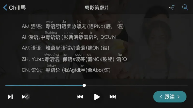一张应用界面截图,“Chill粤”的影音学习板块,屏幕上半部分是粤语歌曲的歌词和拼音标注,下半部分是播放控制条和跟读按钮,背景是深色模式,字体清晰,排版整洁,画质干净