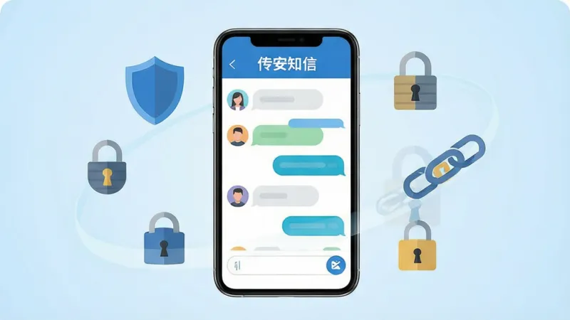 一张展示传安知信App核心全貌的宣传图,画面中央是一部智能手机,手机屏幕上显示传安知信的聊天界面,界面顶部有