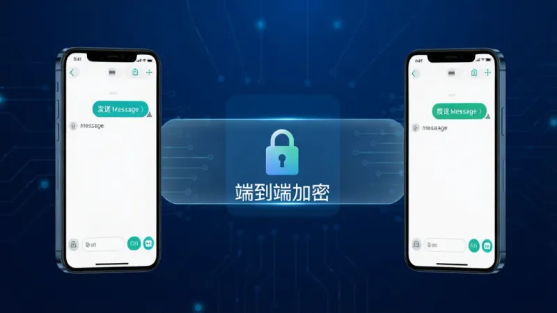 一张展示传安知信App端到端加密功能的示意图,画面左侧是一部手机显示发送消息的界面,右侧是另一部手机显示接收消息的界面,两部手机之间有一条发光的加密通道连接,通道上有一个锁的图标和