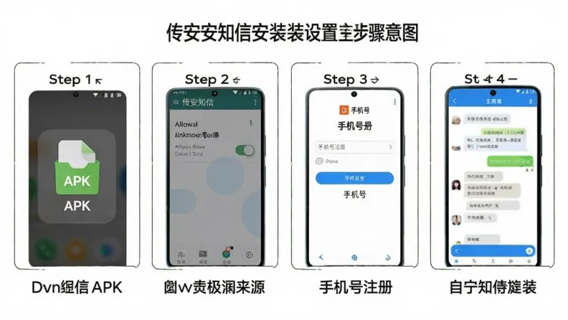 一张展示传安知信App安装设置步骤的示意图,画面分为四个步骤面板,第一步显示下载APK文件图标,第二步显示允许未知来源安装的开关界面,第三步显示手机号注册页面,第四步显示聊天主界面,每个步骤下方有简短文字说明,背景为白色,风格简洁教程风,画质干净清晰无多余元素