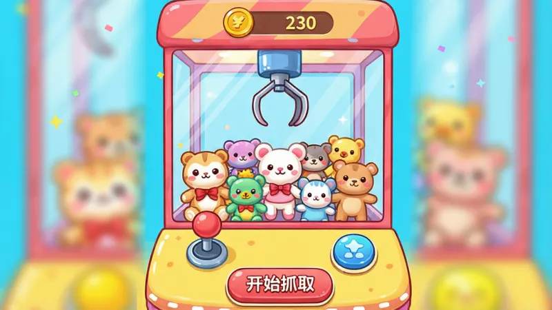 一张展示多多抓娃娃App核心界面的图片,画面主体是一个色彩明亮的线上抓娃娃机操作界面,中央是透明的玻璃娃娃机,里面摆放着各种可爱的毛绒玩偶,下方有摇杆和抓取按钮,界面布局简洁,顶部显示金币数量,底部有开始抓取按钮,整体风格卡通活泼,画质干净清晰,无多余元素,包含文字“多多抓娃娃