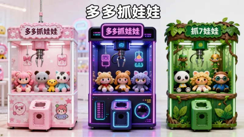 一张展示多多抓娃娃多种主题房间的图片,画面主体是三个并排排列的娃娃机场景,左边是粉色少女风格,中间是赛博朋克霓虹风格,右边是绿色森林风格,每个机器里都有对应风格的玩偶,布局整齐,色彩丰富,风格统一卡通,画质清晰干净,无多余元素,包含文字“多多抓娃娃