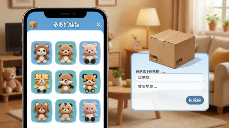 一张展示多多抓娃娃实物兑换功能的图片,画面主体是一个手机屏幕显示着背包界面,里面排列着多个已抓到的毛绒玩偶图标,旁边有一个快递箱和收货地址填写框,背景是温馨的家居环境,风格写实卡通,布局清晰,画质干净,无多余元素
