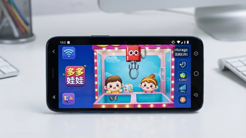 一张展示多多抓娃娃在手机上运行的画面,画面主体是一部安卓手机横屏显示着抓娃娃界面,旁边有WiFi信号图标和存储空间提示,背景是简洁的桌面环境,风格写实科技感,布局清晰,画质干净,无多余元素,包含文字“多多抓娃娃