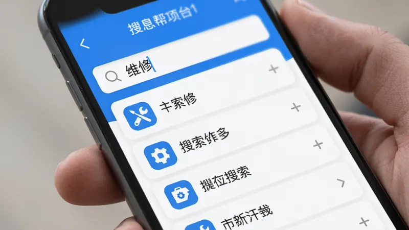 信息帮App搜索界面图，手机屏幕显示搜索框输入“维修”二字，下方弹出相关搜索结果列表，每条结果带图标和标题，界面简洁，蓝白主色调，画质清晰
