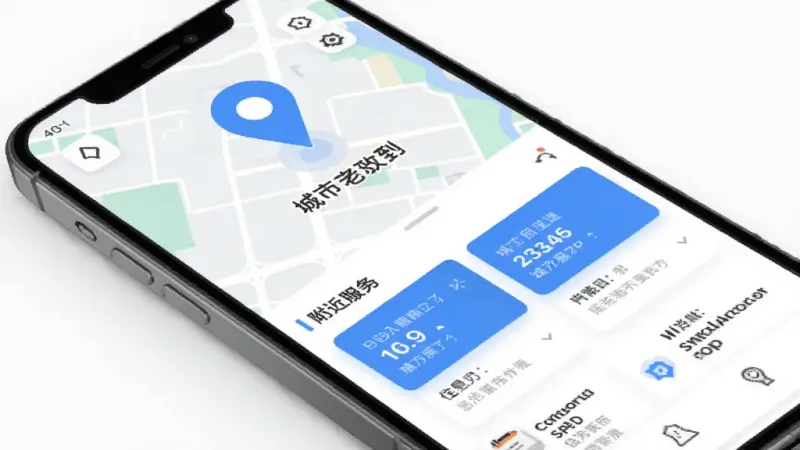 信息帮App定位功能展示图，手机屏幕显示地图定位图标和城市名称，下方列出附近的服务信息卡片，界面现代扁平，蓝白配色，画质干净