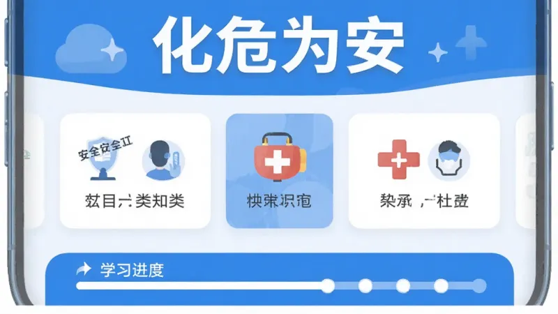 一个手机屏幕展示安全知识学习应用的主界面,顶部有