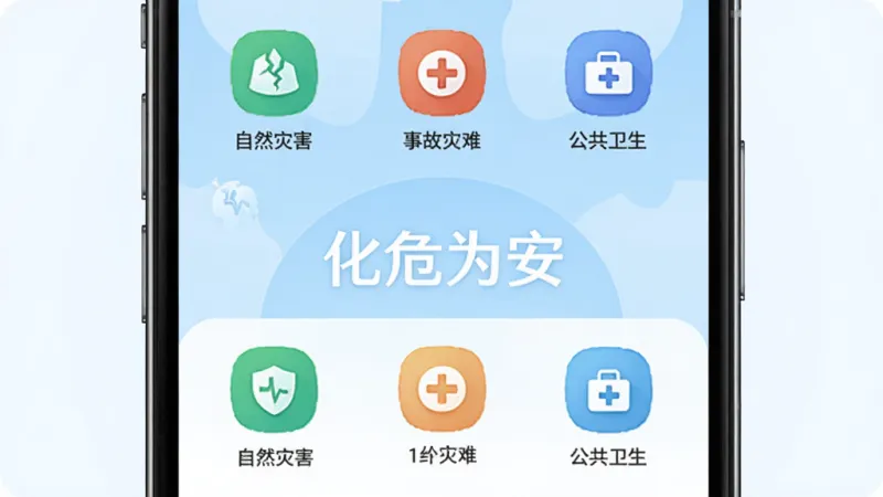 一个手机应用界面展示安全知识分类列表,包含自然灾害、事故灾难、公共卫生等分类图标,背景是柔和的蓝色渐变,界面中央有