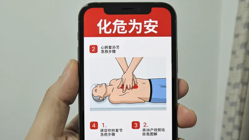 手机屏幕显示心肺复苏急救步骤图解,画面中有按压位置示意图和步骤编号,顶部标注