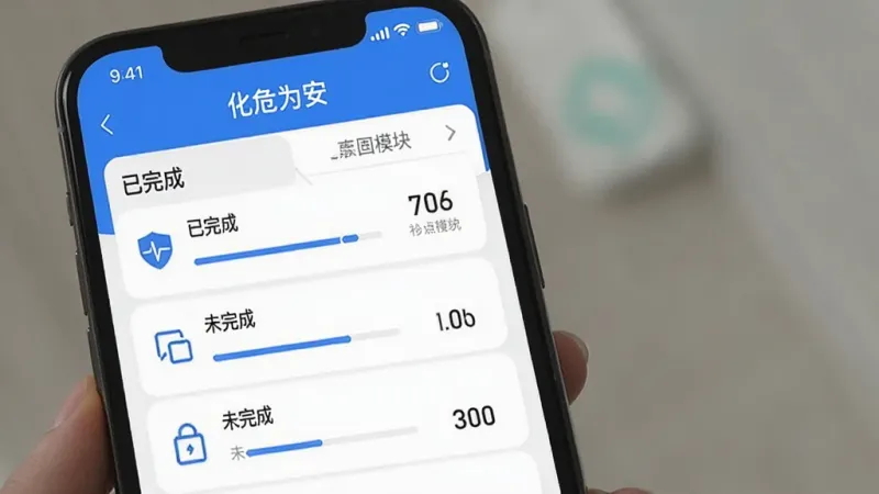 手机应用界面展示学习进度统计页面,有已完成和未完成的知识模块列表,顶部显示
