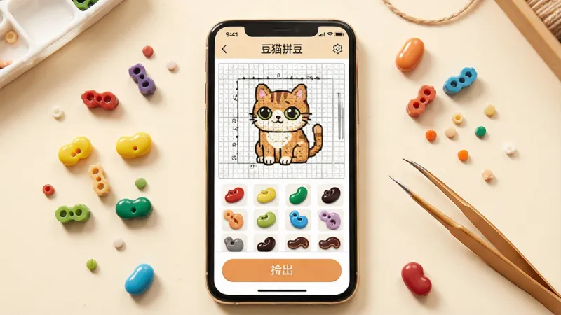 一张展示豆猫拼豆软件核心界面的图片,画面中央是手机屏幕,屏幕内显示豆猫拼豆app的主操作界面,界面中有拼豆图纸网格、彩色豆子素材库和导出按钮,周围散落着几颗彩色拼豆和一把镊子,整体布局清晰,排版以手机为中心向外辐射,风格是温馨手作感,细节上豆子有光泽、网格线细腻,画质干净无多余元素,图片中文字标注“豆猫拼豆