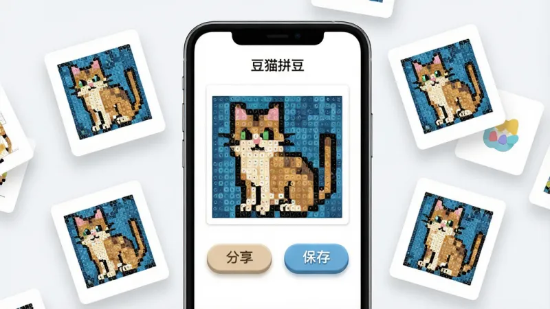 一张展示豆猫拼豆导出与分享功能的图片,画面中央是一部手机,屏幕上显示导出成功的拼豆图纸缩略图,图纸旁边有分享按钮和保存按钮,手机周围漂浮着几张已经导出的图纸小图,布局以手机为中心,排版错落有致,风格是清爽工具风,细节上图纸清晰、按钮有立体感,画质干净无多余元素,图片中文字标注“豆猫拼豆