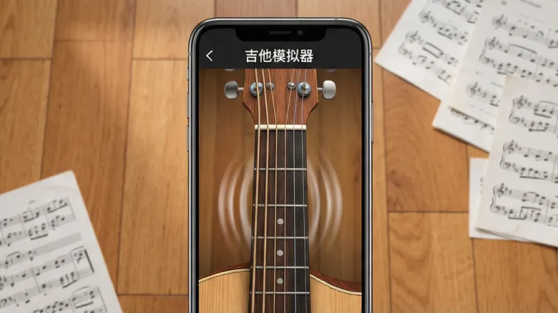 一张展示吉他模拟器应用主界面的图片，画面中央是一部智能手机，手机屏幕上显示着逼真的木吉他琴颈和琴弦，琴弦呈现微微震动的效果，屏幕上方有