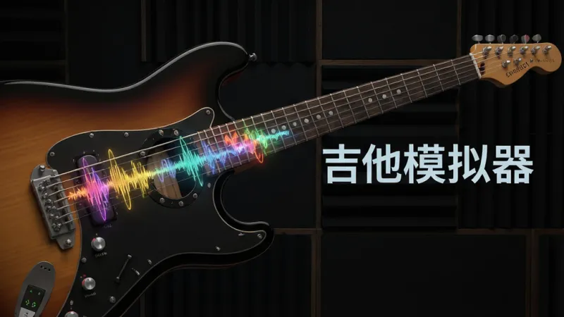 一张展示吉他模拟器音色功能的图片，画面主体是一把虚拟吉他，琴弦上跳动着彩色的声波纹理，旁边有