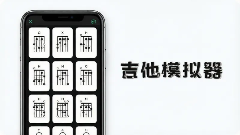 一张展示吉他模拟器和弦库界面的图片，画面中手机屏幕显示着多个吉他和弦指法图，旁边有