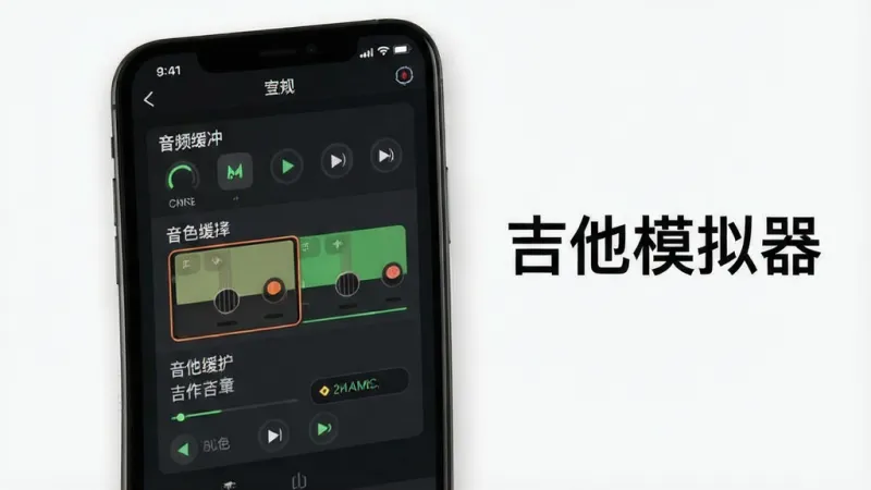 一张展示吉他模拟器设置界面的图片，画面中手机屏幕显示着音频缓冲、音色选择等设置选项，旁边有