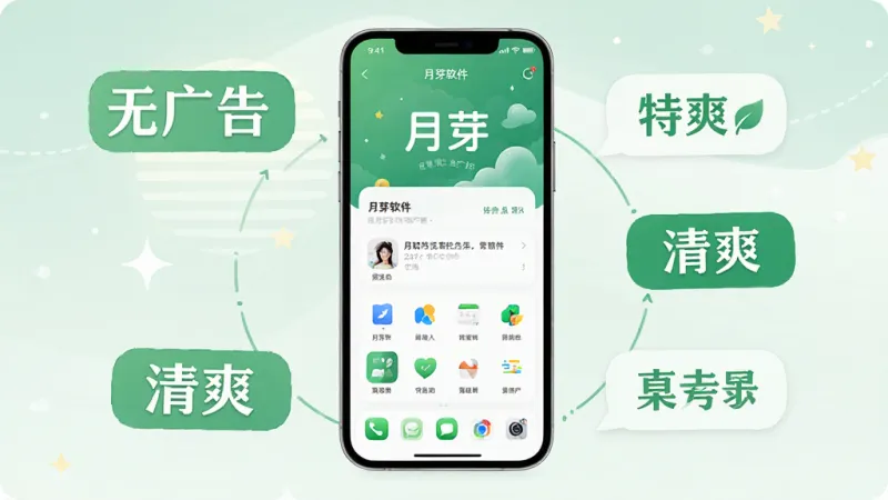 一张展示月芽软件无广告特性的图片，主体是手机屏幕显示月芽应用界面，周围有“无广告”“清爽”等文字标签环绕，布局为中心对称，风格简约清新，色彩以绿色和白色为主，细节干净，画质清晰无多余元素。