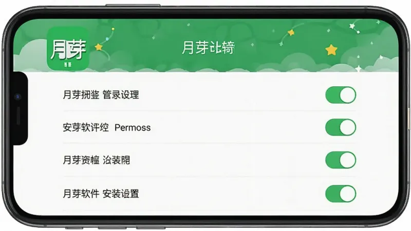 一张展示月芽软件安装设置界面的图片，主体是手机屏幕显示月芽应用的权限管理页面，布局为列表形式展示各项权限开关，风格简洁清晰，色彩以白色和绿色为主，细节明确，画质干净无多余元素。