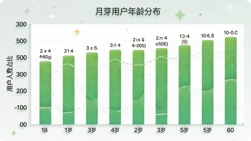一张展示月芽软件用户年龄分布的柱状图，主体是柱状图图表，横轴为年龄段18-60岁，纵轴为用户人数占比，柱子颜色为绿色渐变，图表标题为“月芽用户年龄分布”，布局清晰，风格简洁现代，细节标注明确，画质干净无多余元素。