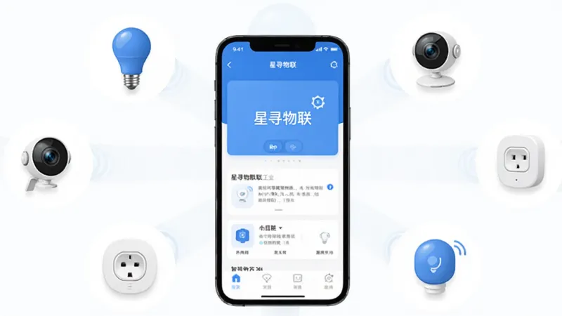 一张展示智能家居互联场景的图片,画面中央是手机屏幕显示“星寻物联”App界面,周围环绕着智能灯泡、摄像头、插座等设备图标,风格简洁现代,蓝白配色,干净无多余元素