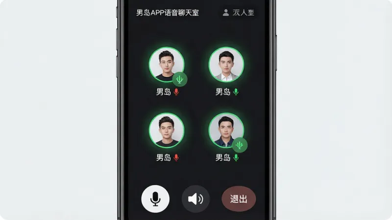 一张展示男岛APP语音聊天室界面的生图，画面主体是手机屏幕特写，屏幕中显示一个语音房间内部，有六个圆形头像围成一圈，每个头像下方有昵称和麦克风状态图标，正在说话的头像有绿色声波光圈，屏幕顶部显示房间名和在线人数，底部有麦克风开关、扬声器开关和退出按钮，背景是深色模式，风格简洁现代，画质干净无多余元素，图片中文字标签为中文“男岛”