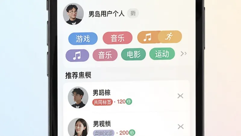 一张展示男岛APP兴趣标签与用户匹配界面的生图，画面主体是一部手机，屏幕中显示用户个人主页，主页上有多个彩色兴趣标签如“游戏”“音乐”“电影”“运动”，标签以胶囊形状排列，下方有推荐用户列表，每个用户有头像、昵称和共同标签数量，背景是浅色渐变，风格清新简洁，画质干净无多余元素，图片中文字标签为中文“男岛”