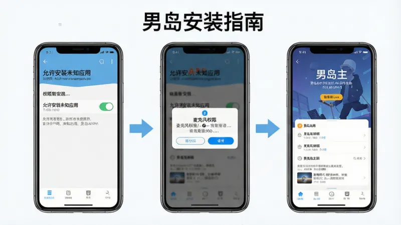 一张展示男岛APP安装与权限设置流程的示意图，画面主体是一部手机，屏幕中显示三个并排的设置界面步骤：第一步是“允许安装未知应用”的开关界面，第二步是麦克风权限请求弹窗，第三步是男岛主界面，手机旁边有箭头引导，风格简洁明快，画质干净，图片中文字标签为中文“男岛安装指南”