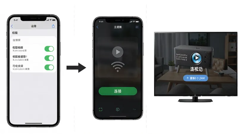 手机投影仪使用教程示意图,画面左侧展示手机设置界面中的权限开关,中间用箭头指向手机投影仪软件主界面的连接按钮,右侧展示电视屏幕上显示连接成功的画面,整体布局从左到右分三步展示,风格简洁明了的教程图示,画质干净清晰,无多余元素