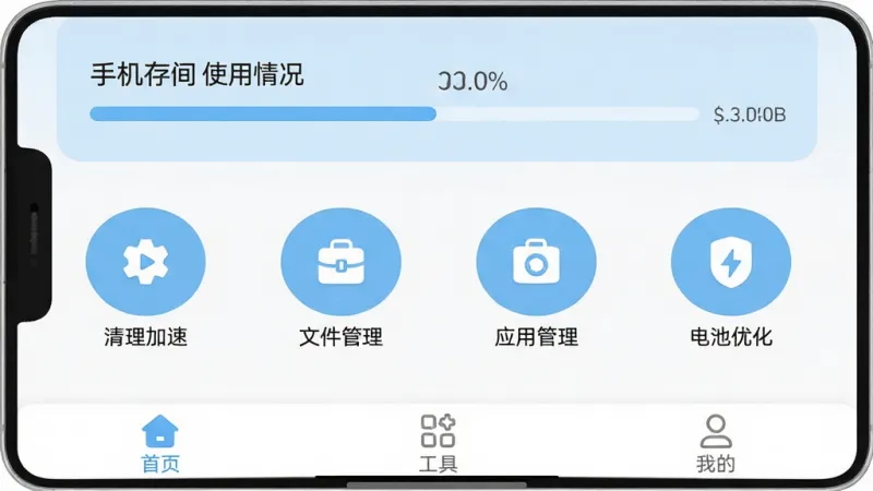 手机管理助手软件主界面截图，白色和浅蓝色为主色调，顶部显示手机存储空间使用情况，中间是清理加速、文件管理、应用管理、电池优化四个圆形功能图标整齐排列，底部为首页、工具、我的三个选项卡，整体布局简洁清晰，风格现代扁平化，图标圆润线条细腻，画质干净明亮无多余元素