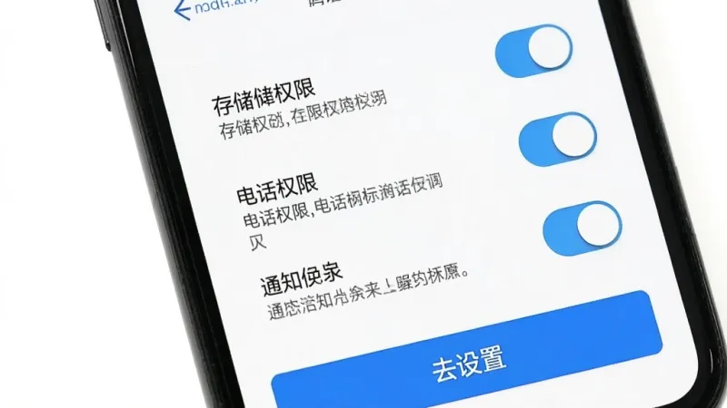 手机管理助手权限设置引导界面，手机屏幕显示存储权限、电话权限、通知权限三个开关选项，每个选项旁边有简短的说明文字，底部有一个蓝色的「去设置」按钮，背景为白色，风格简洁明了，画质干净无多余元素