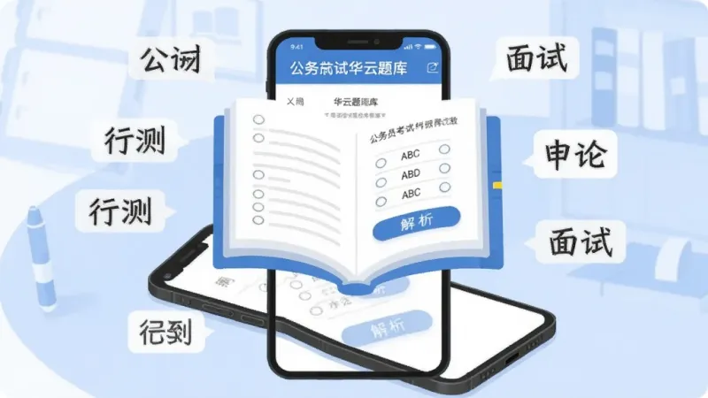 一张AI生成的插图，画面主体是一本翻开的电子题库悬浮在手机屏幕上方，屏幕上显示着公务员考试华云题库的做题界面，有ABCD四个选项和解析按钮，周围环绕着行测、申论、面试等文字标签，背景是淡蓝色的学习场景，风格扁平化，画质干净，无多余元素