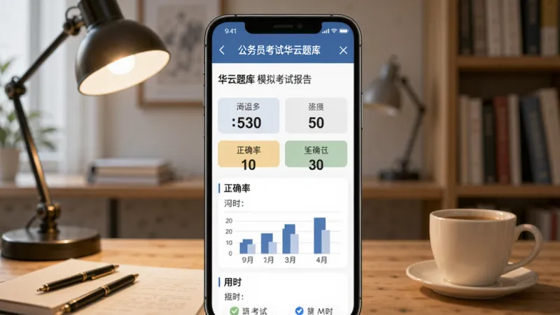 一张AI生成的插图，画面中央是一个手机屏幕，屏幕上显示公务员考试华云题库的模拟考试报告页面，有分数、正确率、用时等数据图表，背景是书房场景，桌上有台灯和咖啡杯，风格写实，画质清晰，无多余元素