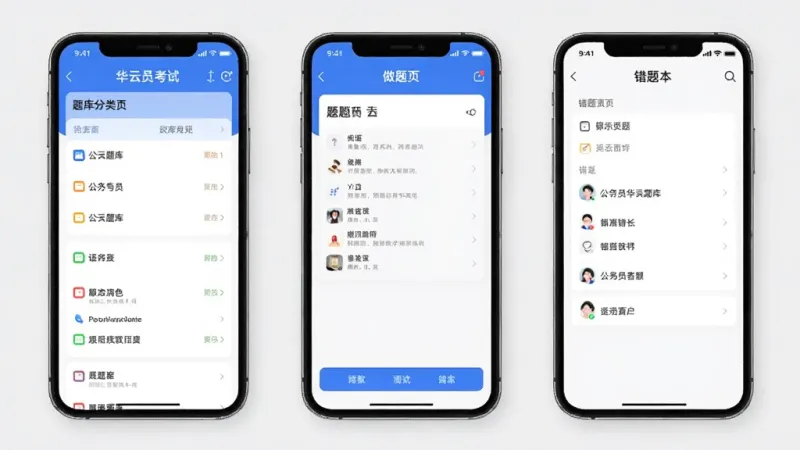 一张AI生成的插图，画面展示公务员考试华云题库App的三个核心界面并排排列，左边是题库分类页，中间是做题页，右边是错题本页，背景是干净的浅灰色，风格简约现代，画质清晰，无多余元素