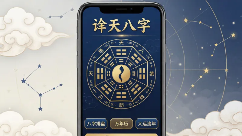 一幅竖版手机应用界面展示图,画面中央是一部现代智能手机,手机屏幕里显示着一款名为“诠天八字”的排盘软件主界面,界面以深蓝色和金色为主色调,顶部有“诠天八字”四个大字,中间是圆形的八卦罗盘图案,周围环绕着天干地支的字符,下方排列着“八字排盘”、“万年历”、“大运流年”等功能按钮,整体风格古朴典雅又带点科技感,背景是淡淡的云纹和星宿图,画质清晰,干净,无多余元素