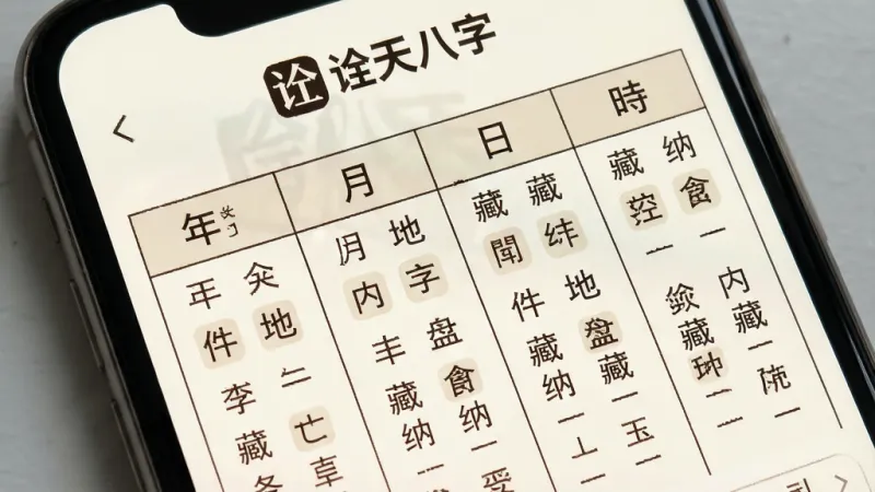 一张手机屏幕特写图,画面中显示“诠天八字”软件的八字排盘结果页面,表格里整齐排列着年柱、月柱、日柱、时柱的天干地支,每个柱下方有十神、藏干、纳音等小字标注,页面顶部有“诠天八字”的logo,界面风格简洁,以米白色背景和深棕色文字为主,排版清晰,画质干净,无多余元素