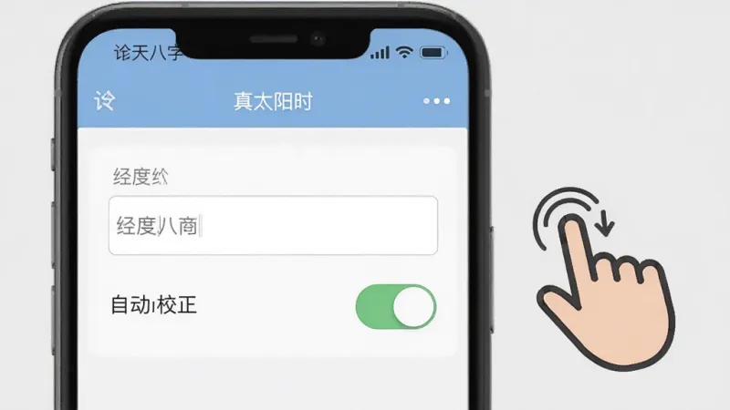 一张手机应用操作界面示意图,画面展示“诠天八字”软件的真太阳时设置页面,屏幕上有经度输入框和自动校正开关,旁边有手指点击的图标,背景是简洁的浅灰色,界面风格扁平化,文字标注清晰,画质干净,无多余元素