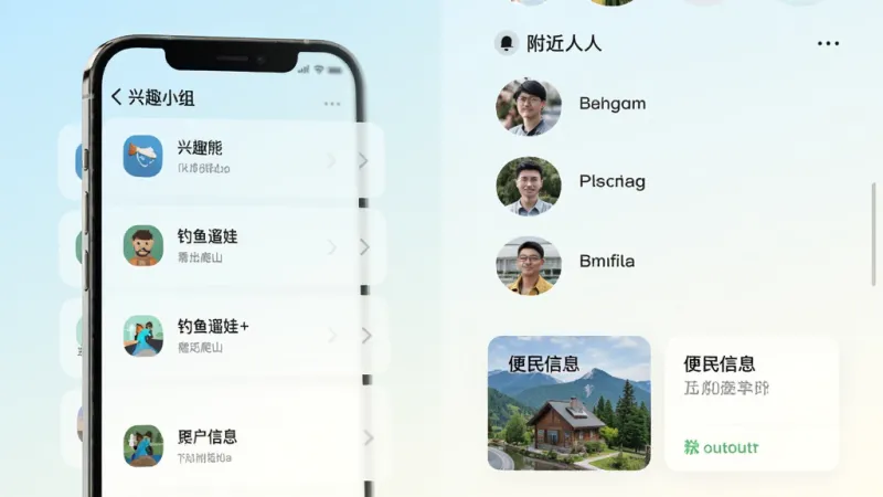 本地熊App的兴趣小组与附近功能界面,手机屏幕左侧显示兴趣小组列表如钓鱼遛娃爬山,右侧显示附近的人头像列表和便民信息卡片,背景是浅色渐变,布局左右分栏,风格简约现代,细节图标清晰,画质干净,无多余元素