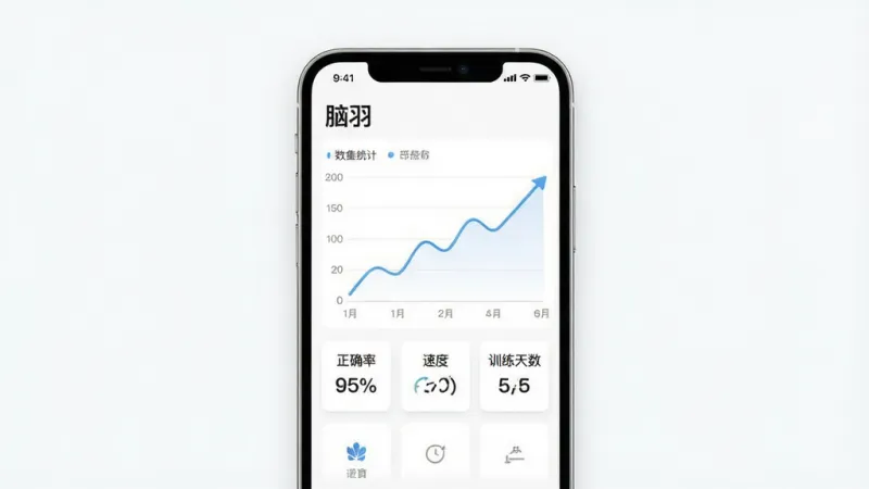 一张展示“脑羽”App数据统计页面的图片,主体是手机屏幕,屏幕显示一条上升的折线图和几个数据卡片,标注“正确率”“速度”“训练天数”,背景是白色,布局清晰,风格现代扁平,细节精致,画质干净,无多余元素