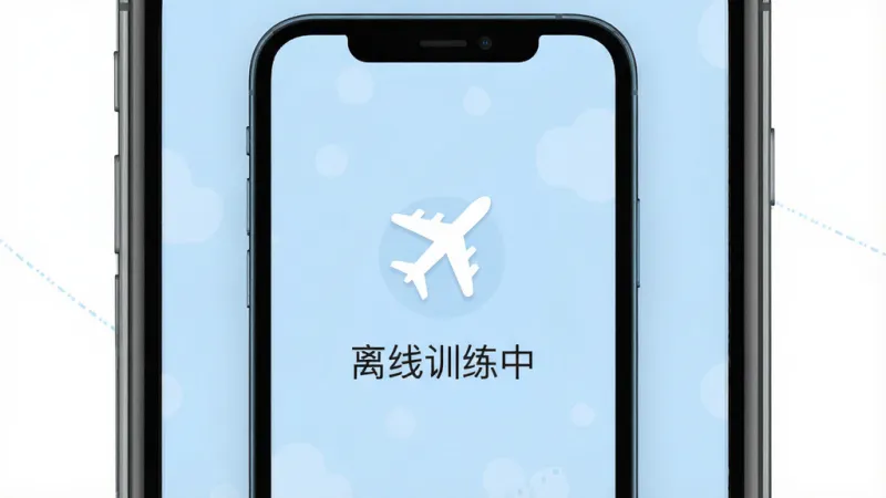 一张展示“脑羽”App离线模式提示的图片,主体是手机屏幕,屏幕中央显示一个飞机图标和“离线训练中”文字,背景是淡蓝色,布局简洁,风格现代扁平,细节清晰,画质干净,无多余元素