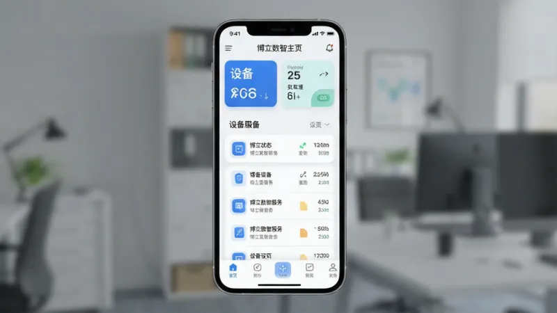 一张展示博立数智服务App核心界面的图片，画面主体是一部智能手机，屏幕显示博立数智服务的设备管理主页，布局清晰，顶部是设备状态总览卡片，中间是设备列表，底部是导航栏，整体排版简洁现代，风格为科技感扁平化设计，细节上图标圆润，配色以蓝白为主，画质干净清晰，无多余元素。